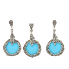 Pendant Earrings Set 925 Sterling Silver Women Turquoise & Marcasite Stone C793